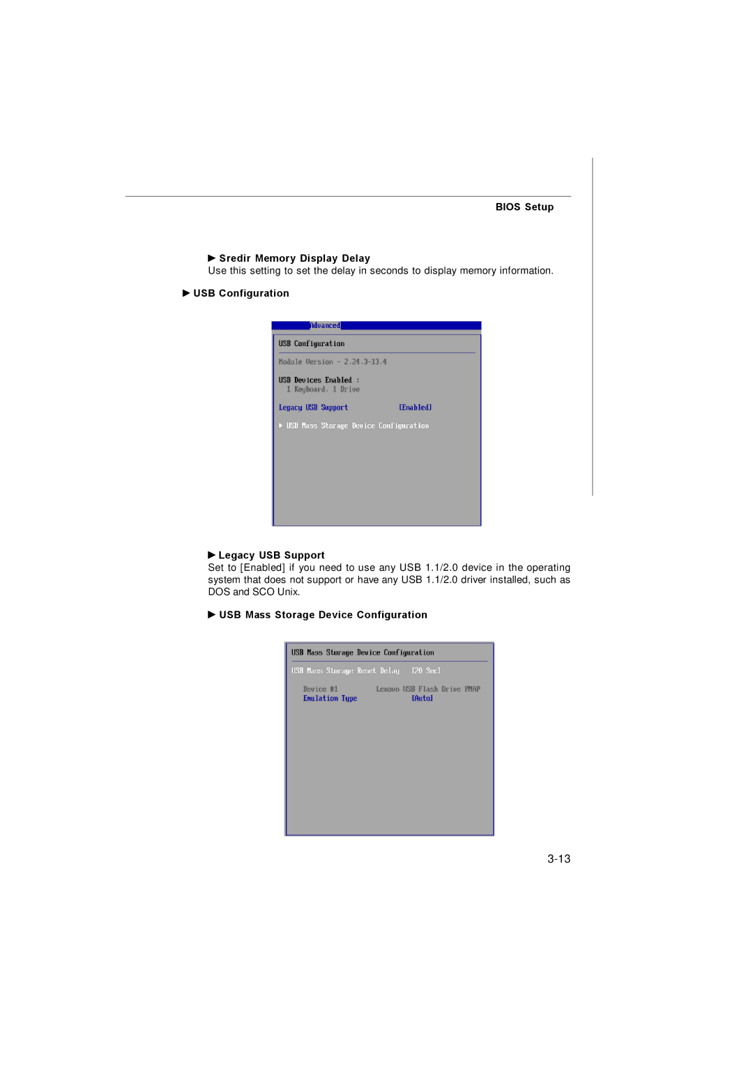 MSI 3200 Network manual Bios Setup Sredir Memory Display Delay, USB Configuration Legacy USB Support 