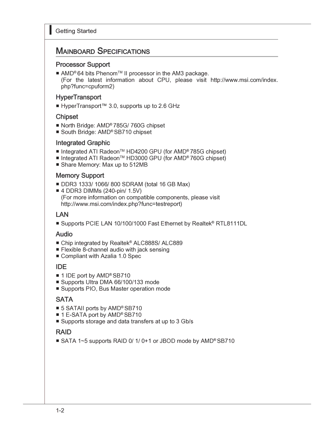 MSI 760GM manual Integrated Graphic, Mainboard Specifications 