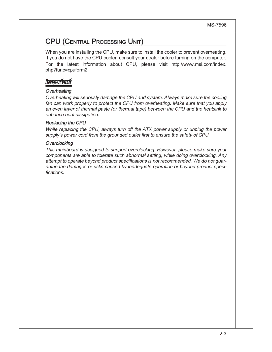 MSI 760GM manual CPU Central Processing Unit 