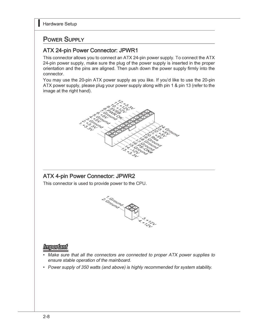 MSI 760GM manual ATX 24-pin Power Connector JPWR1, ATX 4-pin Power Connector JPWR2, Power Supply 