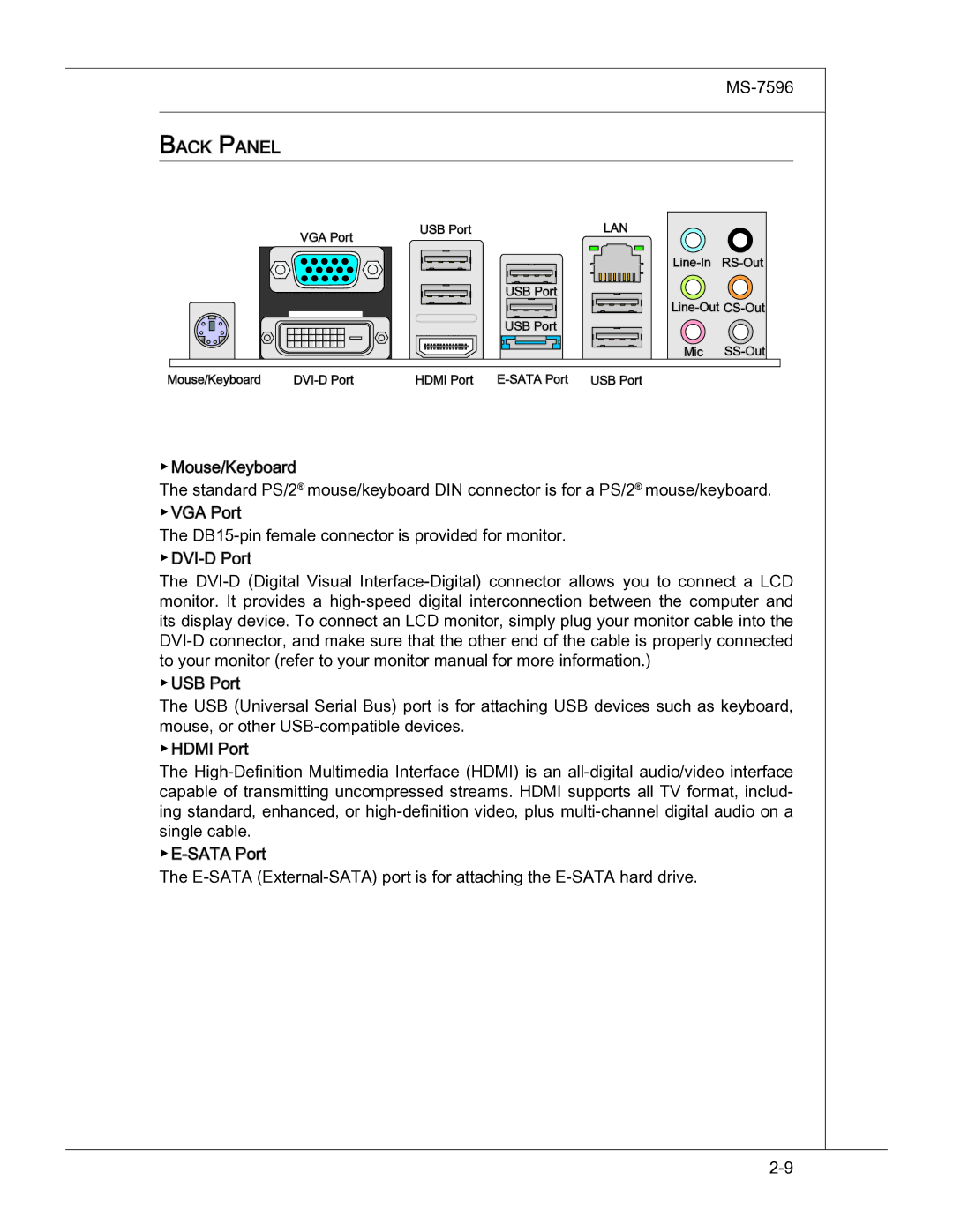 MSI 760GM manual Back Panel, Lan 