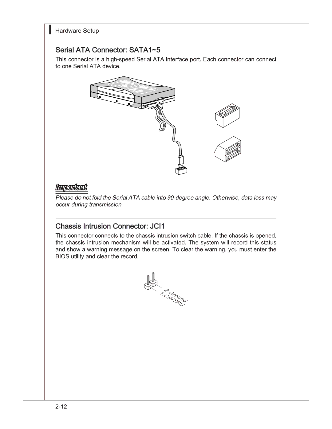 MSI 760GM manual Serial ATA Connector SATA1~5, Chassis Intrusion Connector JCI1 