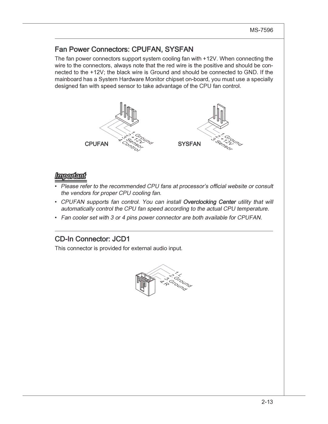 MSI 760GM manual Fan Power Connectors CPUFAN, Sysfan, CD-In Connector JCD1 