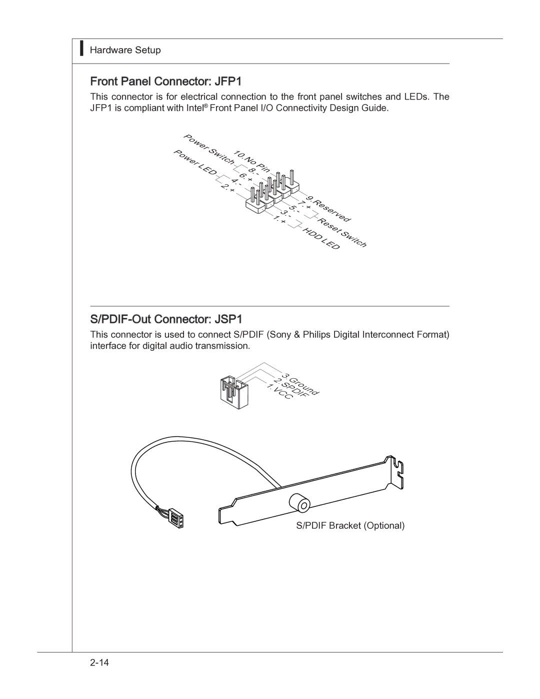 MSI 760GM manual Front Panel Connector JFP1, Pdif -Out Connector JSP1 