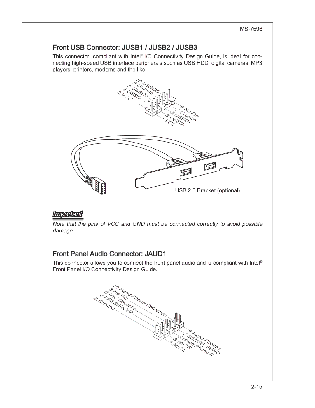 MSI 760GM manual Front USB Connector JUSB1 / JUSB2 / JUSB3, Front Panel Audio Connector JAUD1 