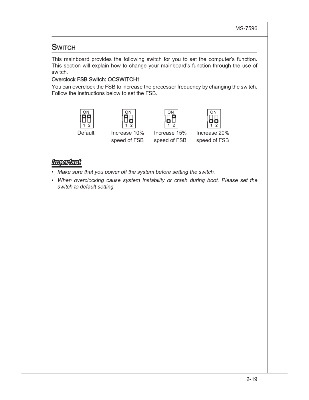 MSI 760GM manual Switch 