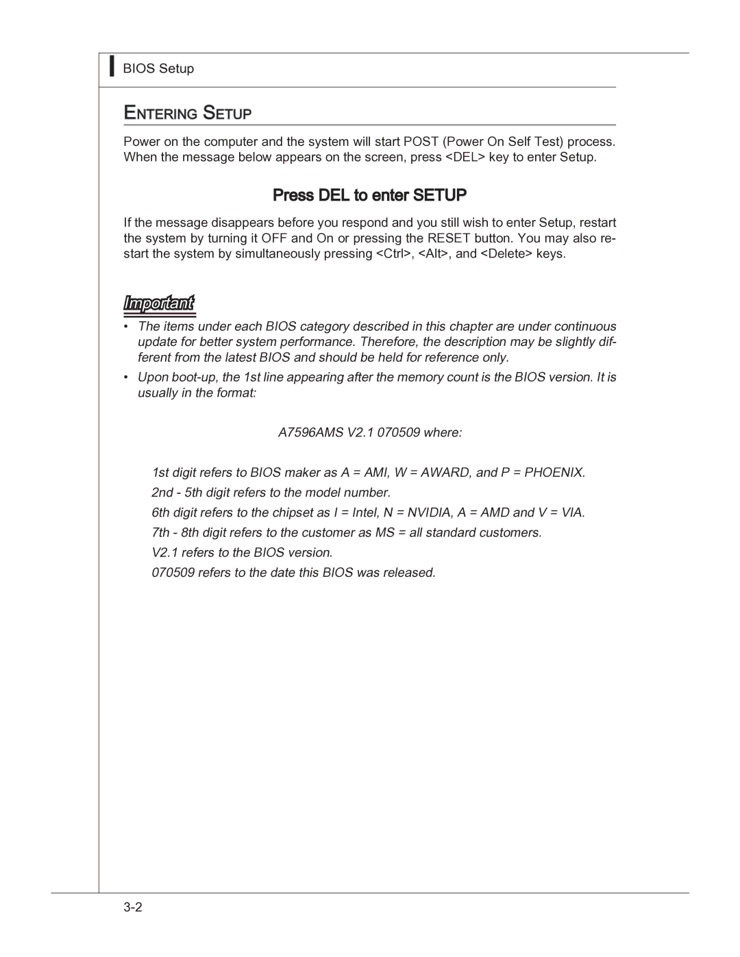 MSI 760GM manual Press DEL to enter Setup, Ntering Setup 