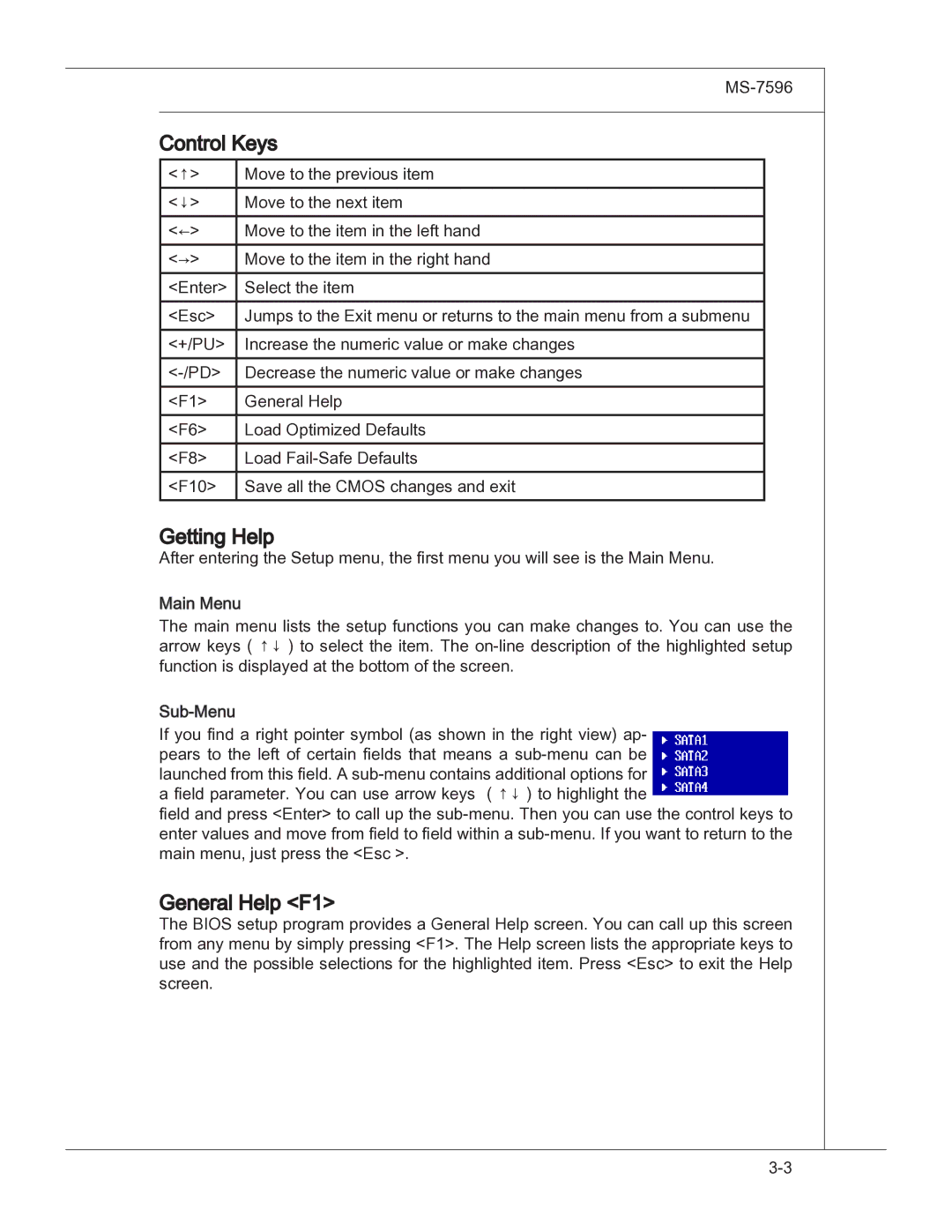 MSI 760GM manual Control Keys, Getting Help, General Help F1 