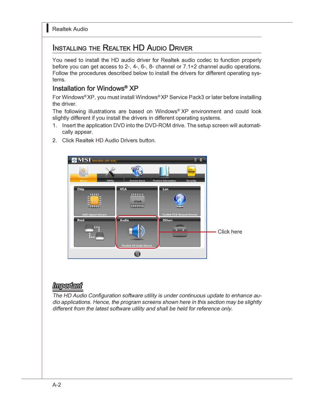 MSI 760GM manual Installation for Windows XP, Nstalling the Realtek HD Audio Driver 