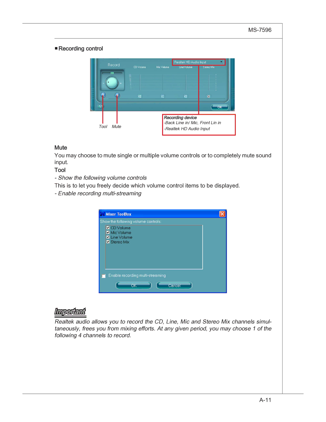 MSI 760GM manual MS-7596 Recording control 