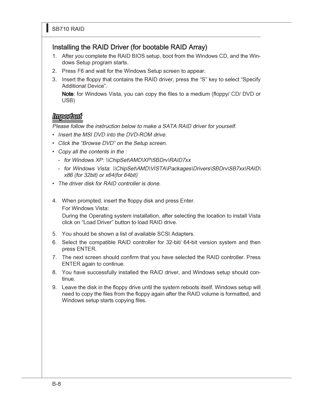 MSI 760GM manual Installing the RAID Driver for bootable RAID Array 