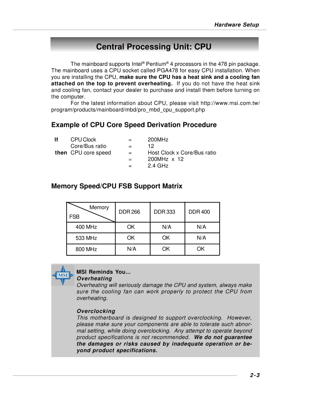 MSI 848P NEO-V - Motherboard - ATX manual Central Processing Unit CPU, Example of CPU Core Speed Derivation Procedure, Then 