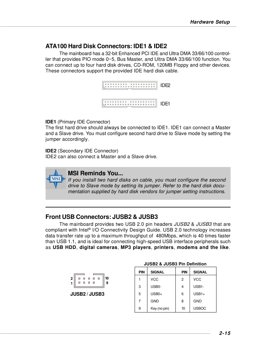 MSI 848P NEO-V - Motherboard - ATX manual ATA100 Hard Disk Connectors IDE1 & IDE2, MSI Reminds You 