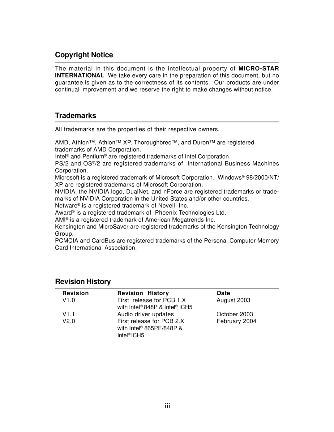 MSI 848P NEO-V - Motherboard - ATX manual Copyright Notice, Trademarks, Revision Revision History Date 