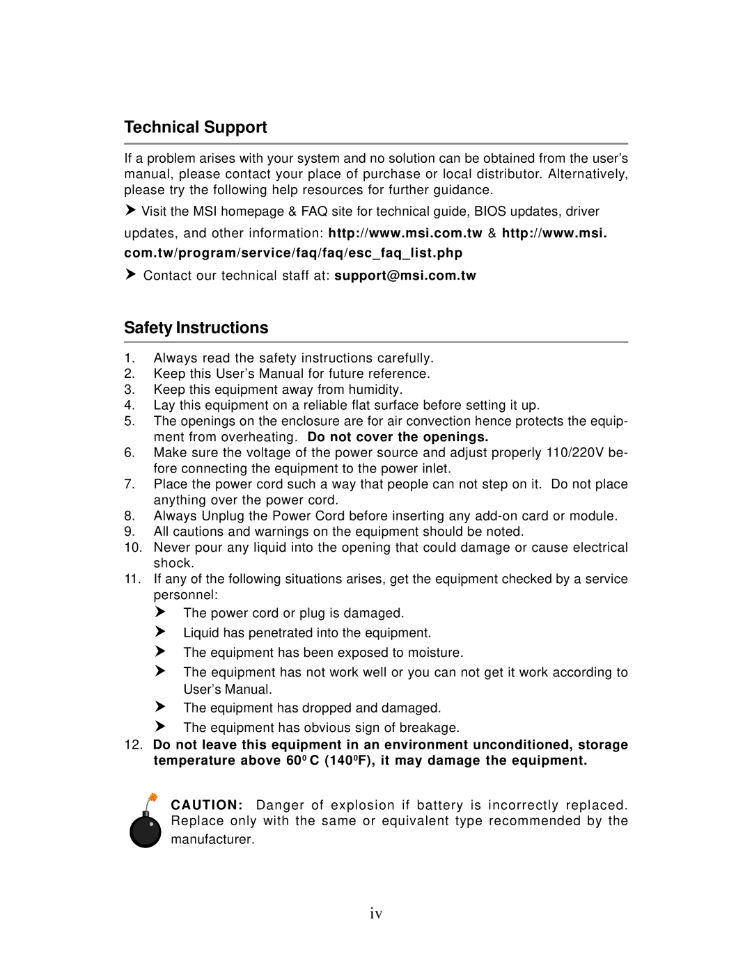 MSI 848P NEO-V - Motherboard - ATX manual Technical Support, Safety Instructions 