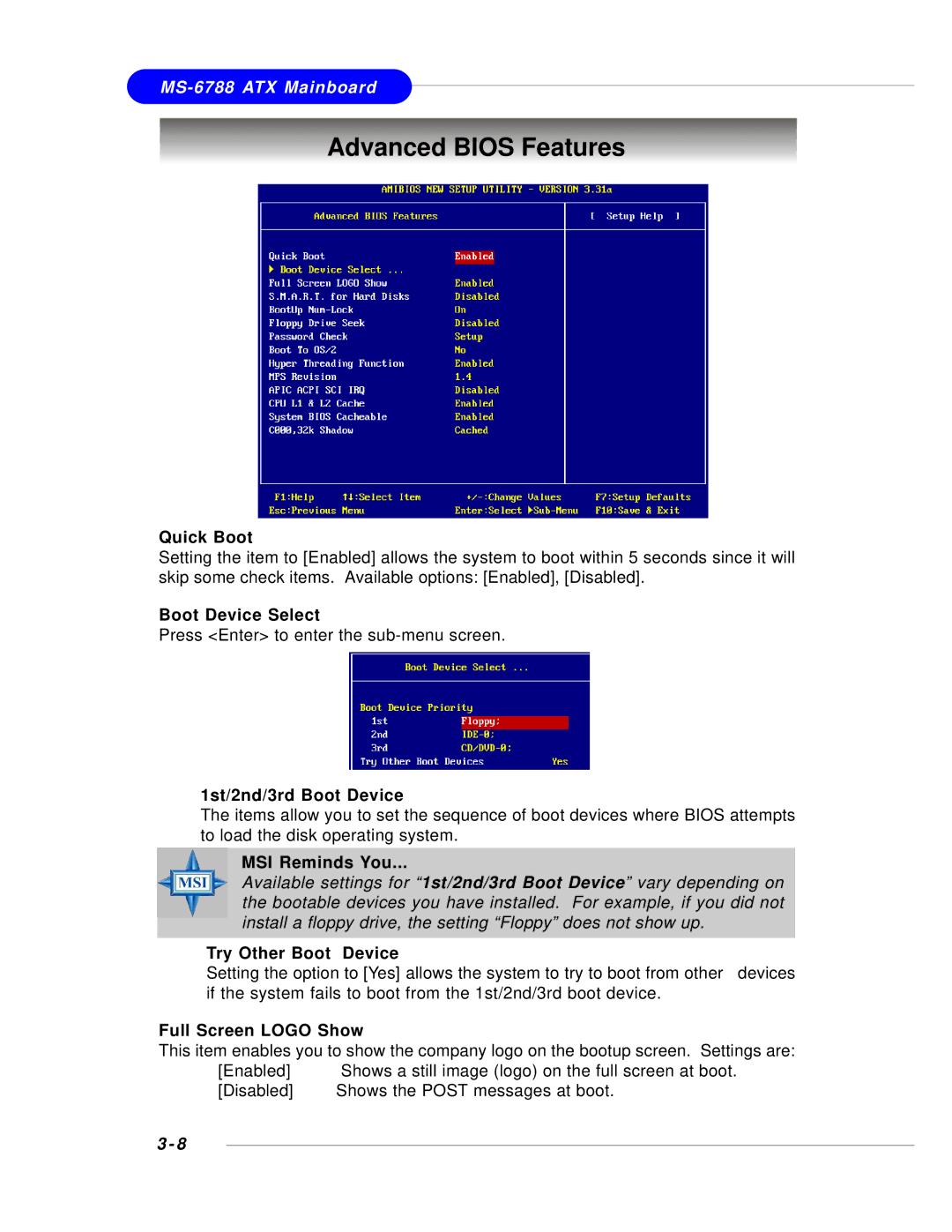 MSI 848P NEO-V - Motherboard - ATX manual Advanced Bios Features 