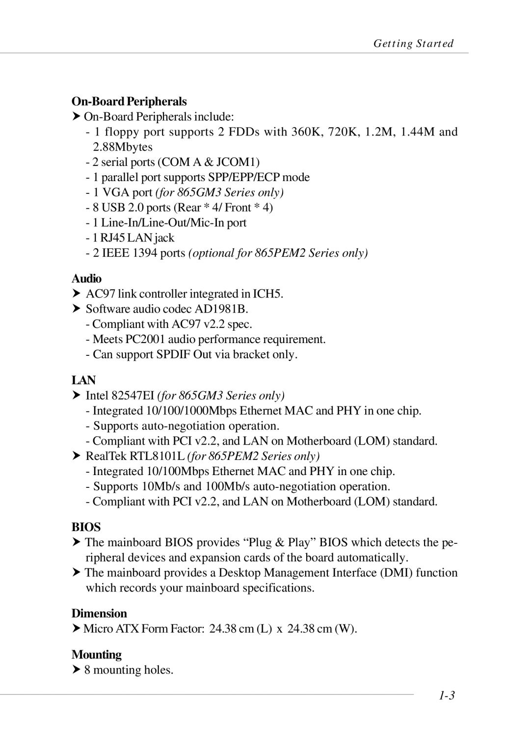 MSI 865GM3 manual On-Board Peripherals, Audio, Dimension, Mounting 