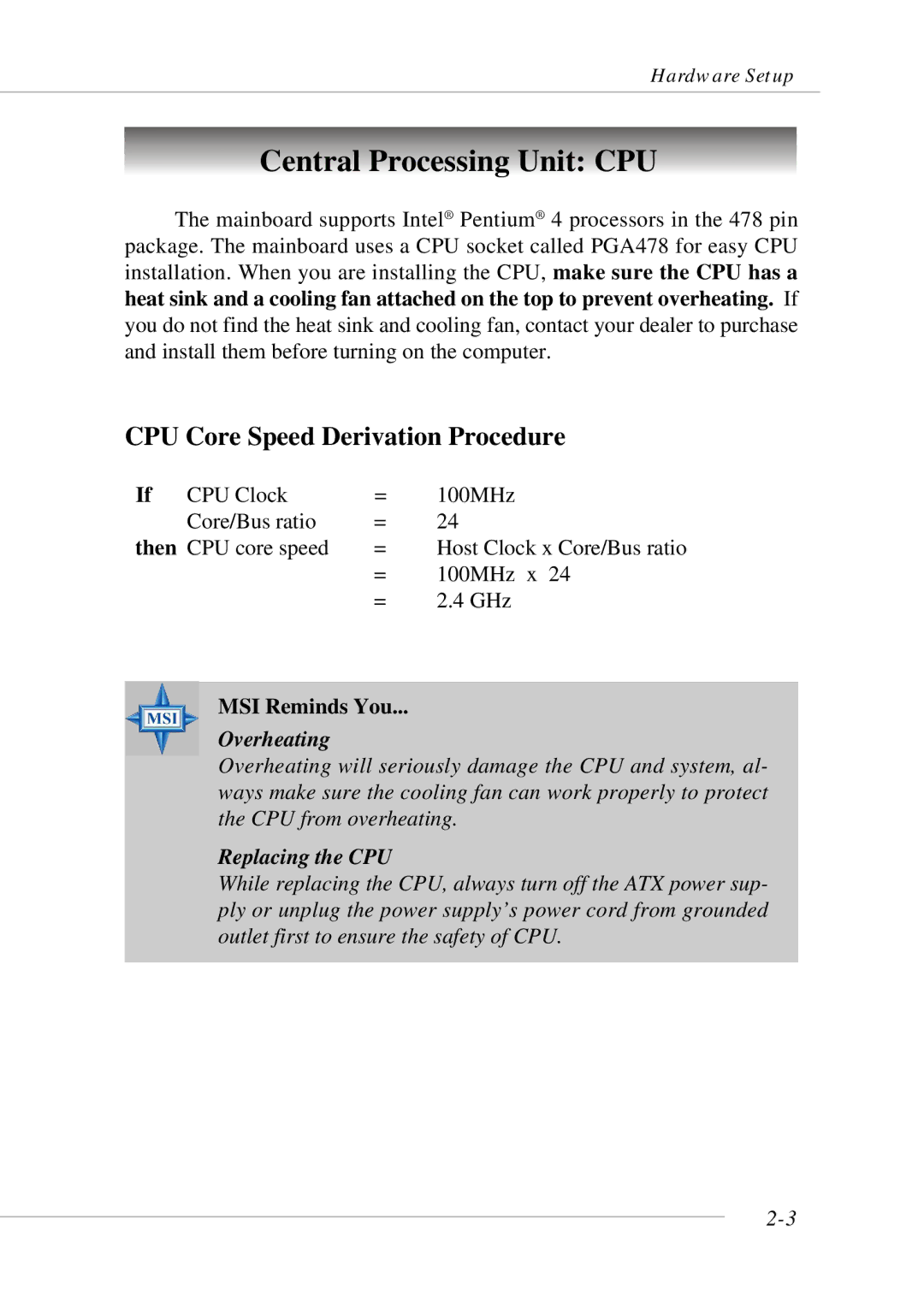 MSI 865GM3 manual Central Processing Unit CPU, CPU Core Speed Derivation Procedure, MSI Reminds You 