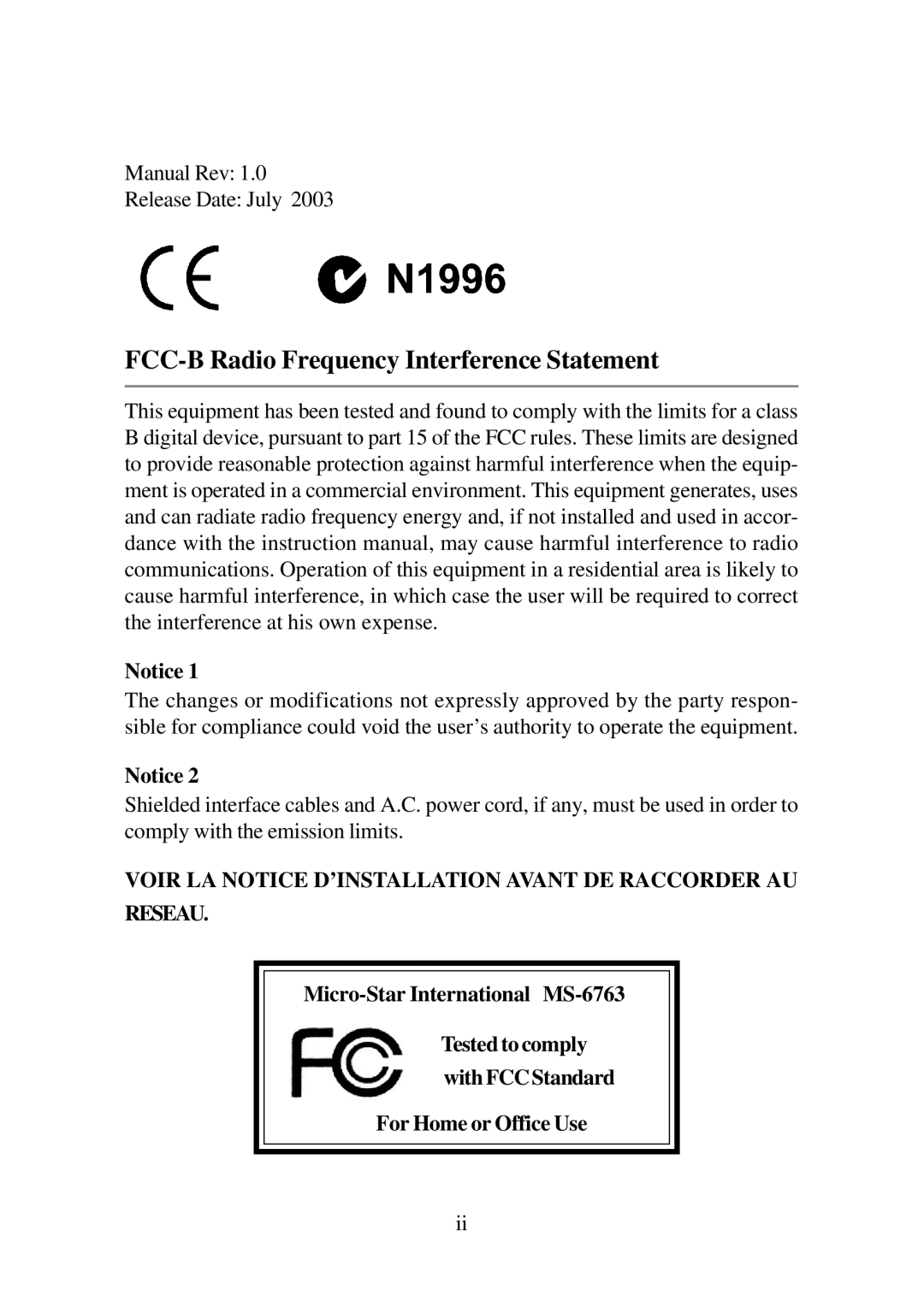 MSI 865GM3 manual FCC-B Radio Frequency Interference Statement 