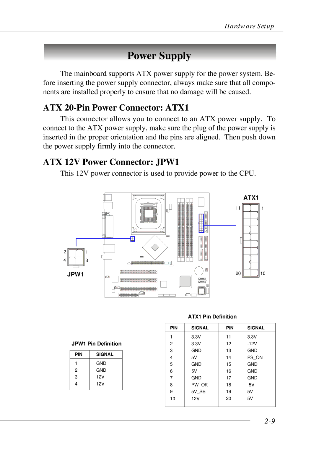 MSI 865GM3 manual Power Supply, ATX 20-Pin Power Connector ATX1, ATX 12V Power Connector JPW1 