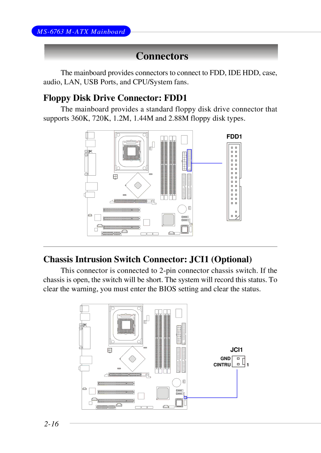 MSI 865GM3 manual Connectors, Floppy Disk Drive Connector FDD1, Chassis Intrusion Switch Connector JCI1 Optional 