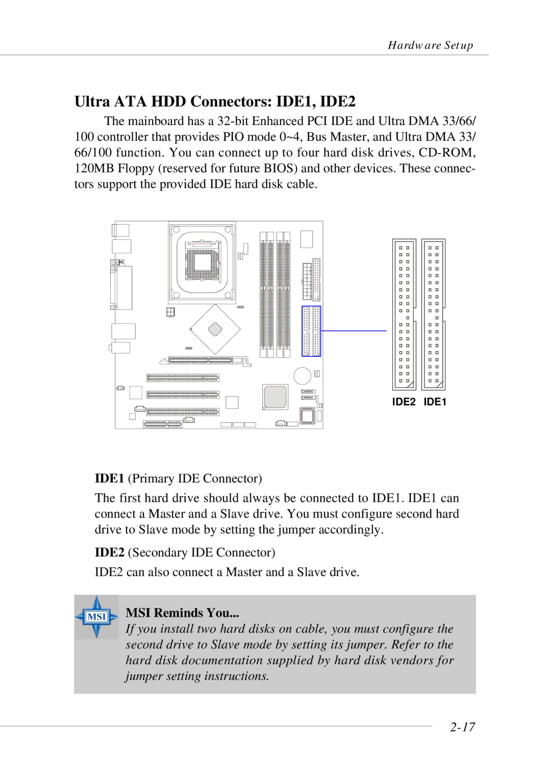 MSI 865GM3 manual Ultra ATA HDD Connectors IDE1, IDE2, MSI Reminds You 