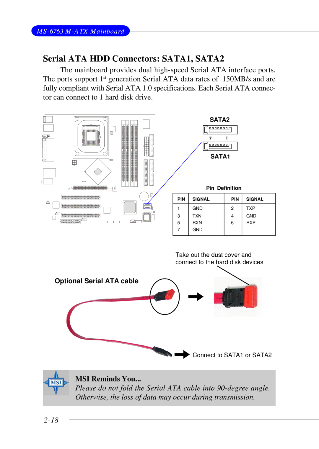 MSI 865GM3 manual Serial ATA HDD Connectors SATA1, SATA2, SATA2 SATA1 