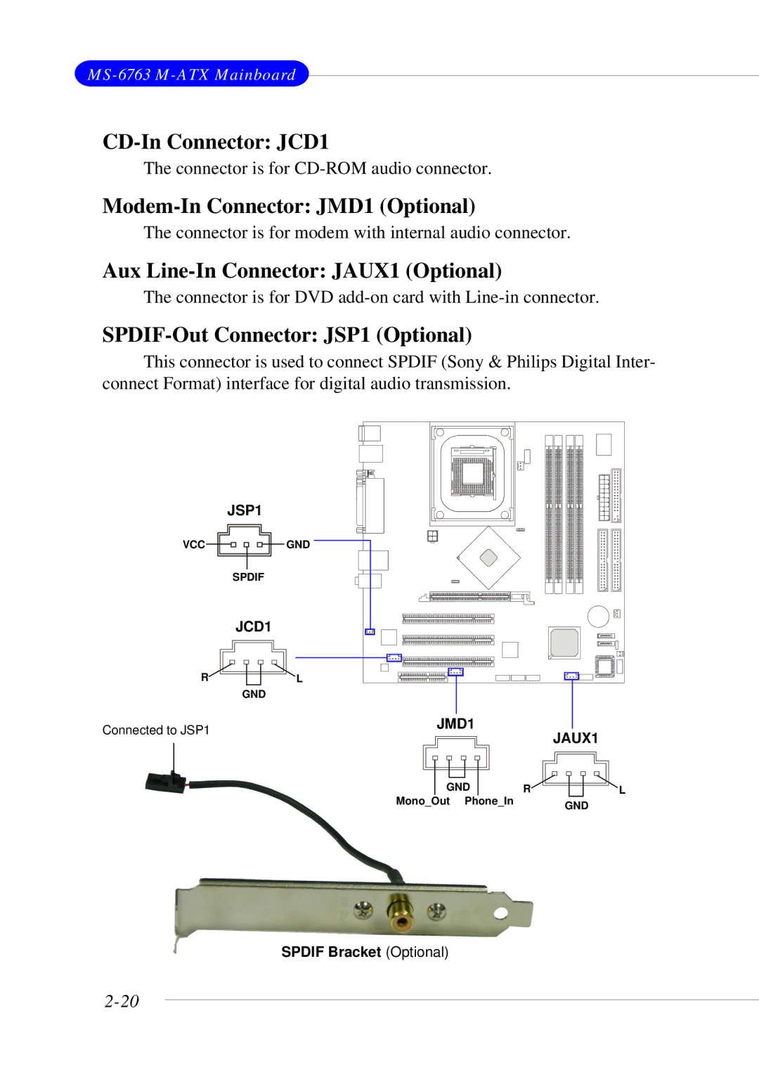 MSI 865GM3 manual CD-In Connector JCD1, Modem-In Connector JMD1 Optional, Aux Line-In Connector JAUX1 Optional 