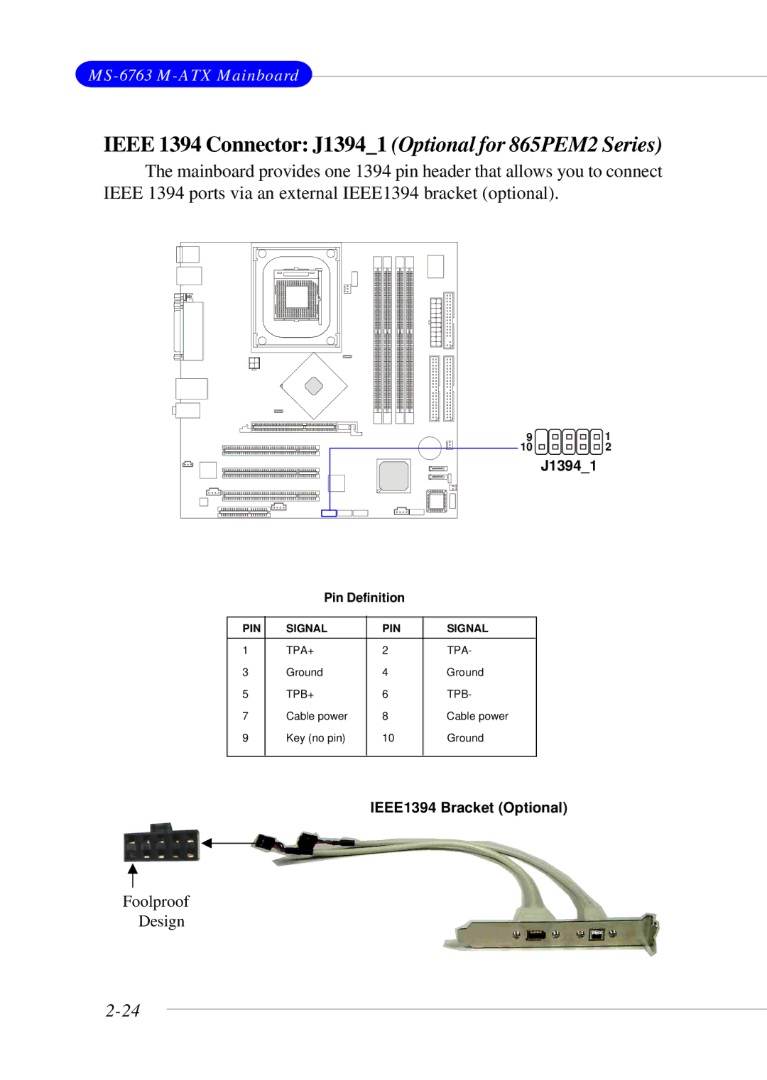 MSI 865GM3 manual Ieee 1394 Connector J13941 Optional for 865PEM2 Series 