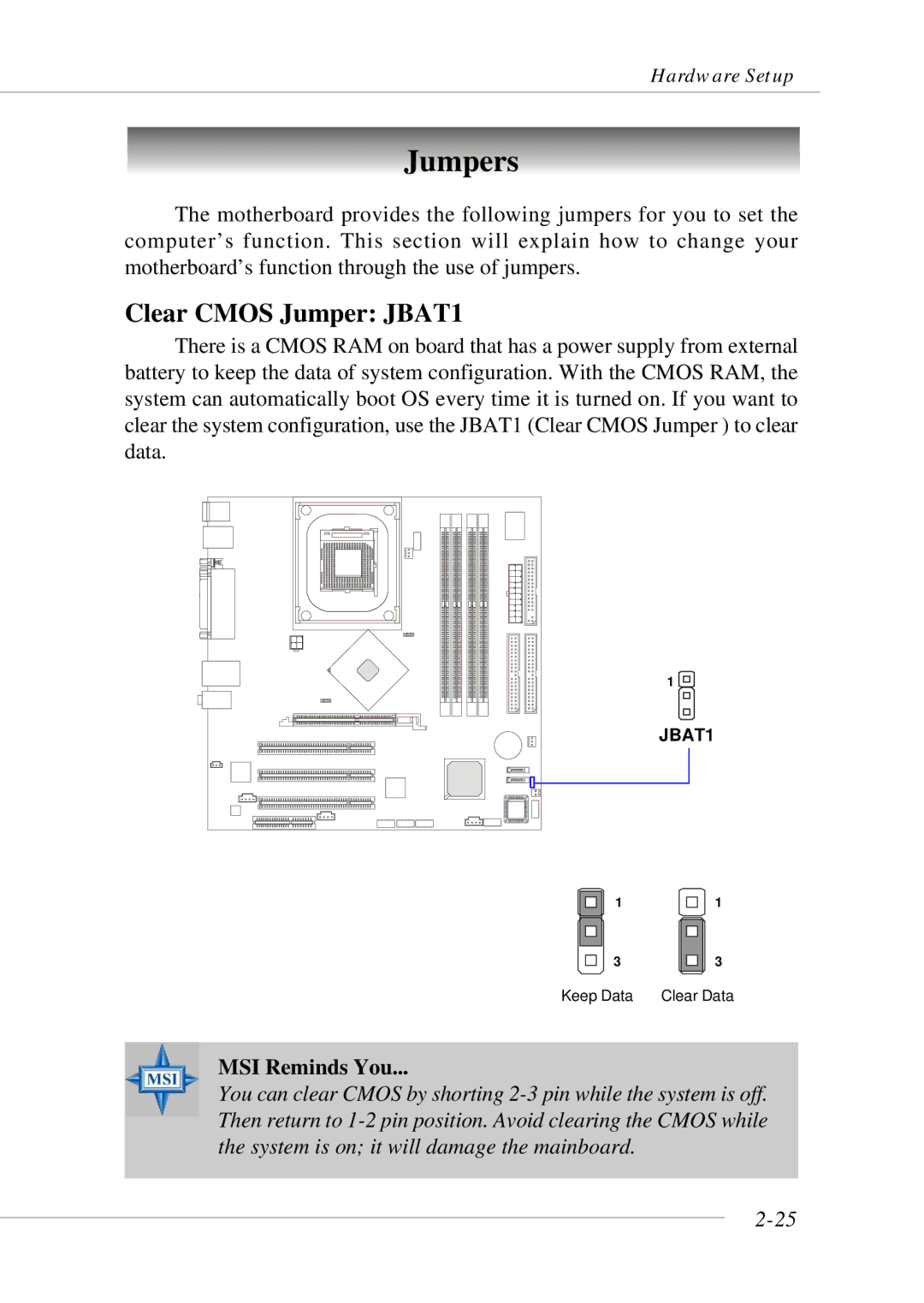 MSI 865GM3 manual Jumpers, Clear Cmos Jumper JBAT1 