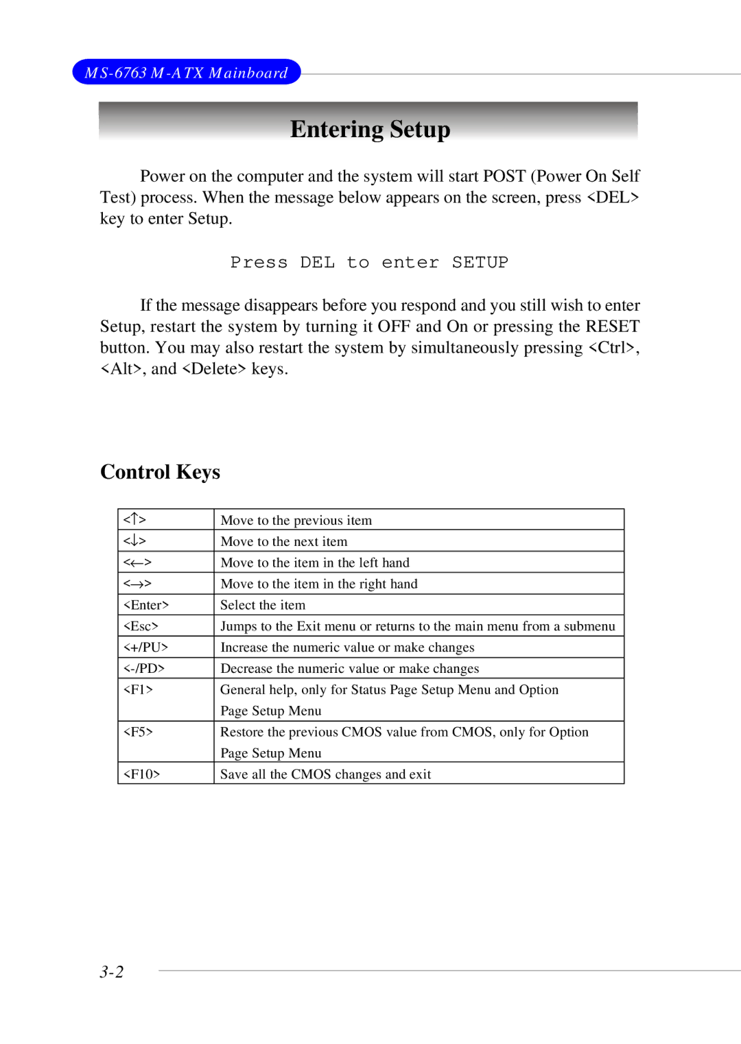 MSI 865GM3 manual Entering Setup, Control Keys 