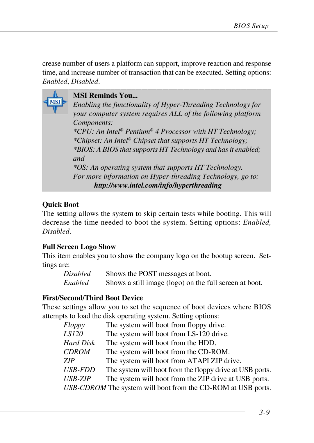 MSI 865GM3 manual Quick Boot, Full Screen Logo Show, First/Second/Third Boot Device 