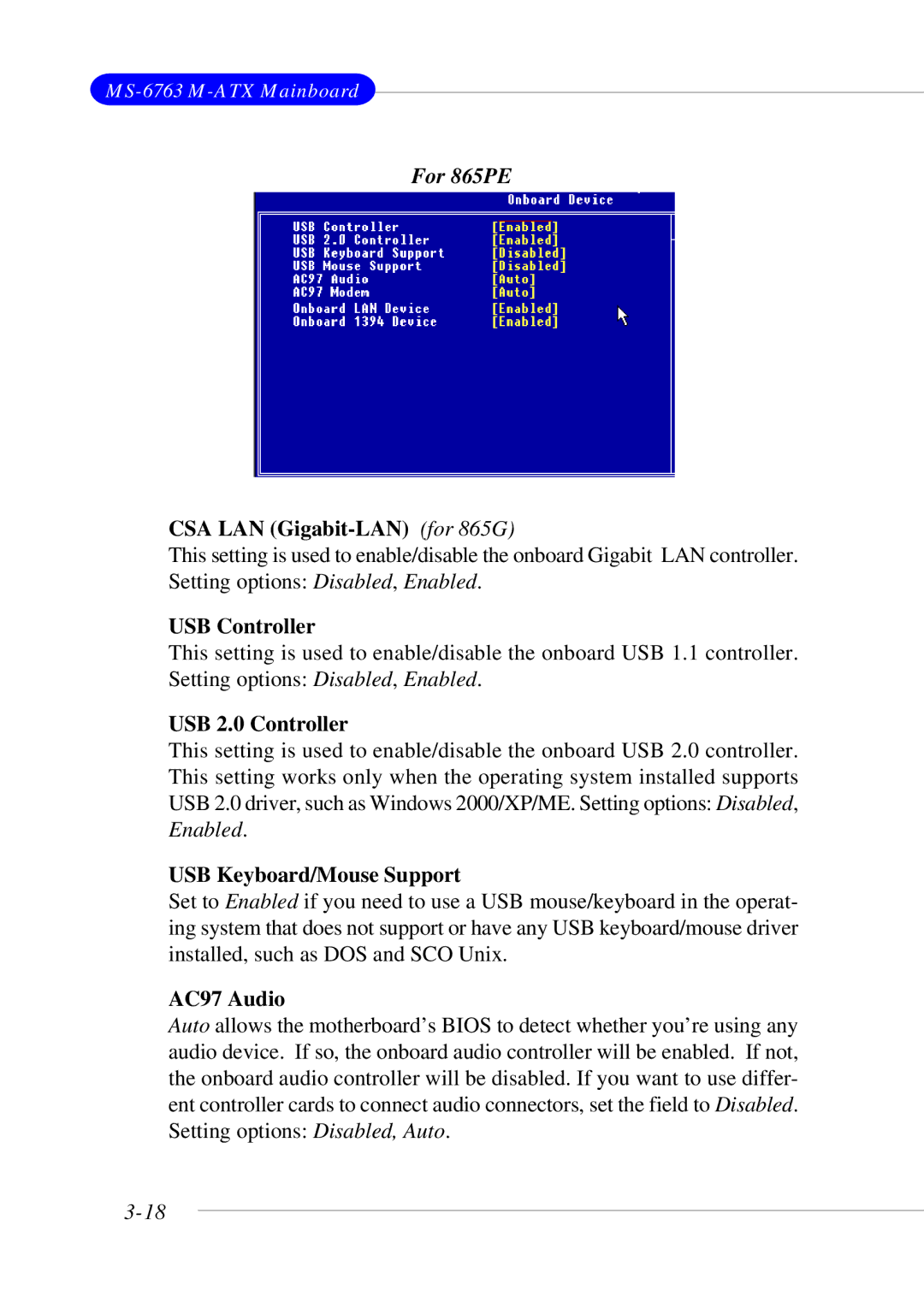 MSI 865GM3 manual CSA LAN Gigabit-LAN for 865G, USB Controller, USB 2.0 Controller, USB Keyboard/Mouse Support, AC97 Audio 