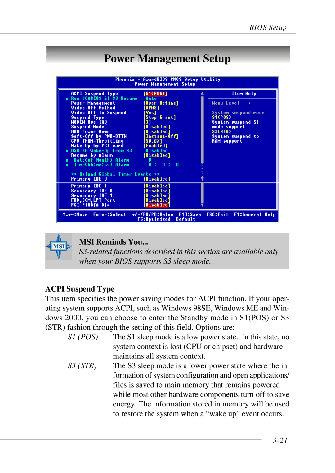 MSI 865GM3 manual Power Management Setup, Acpi Suspend Type 