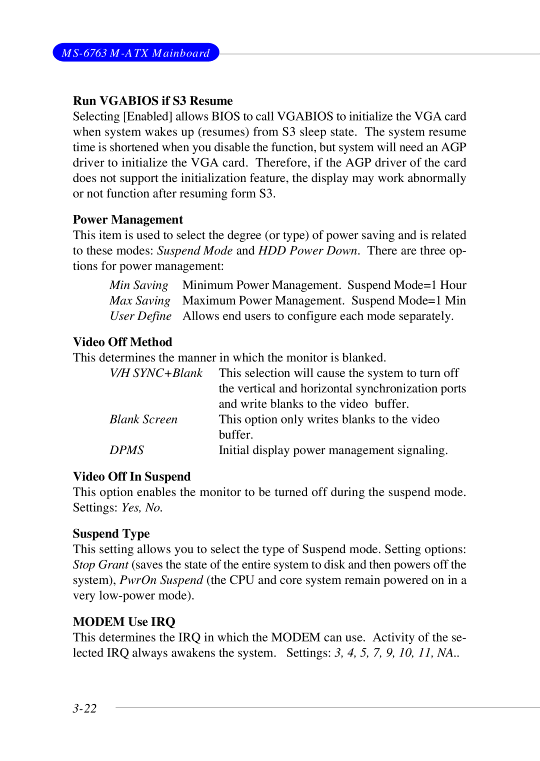 MSI 865GM3 Run Vgabios if S3 Resume, Power Management, Video Off Method, Video Off In Suspend, Suspend Type, Modem Use IRQ 