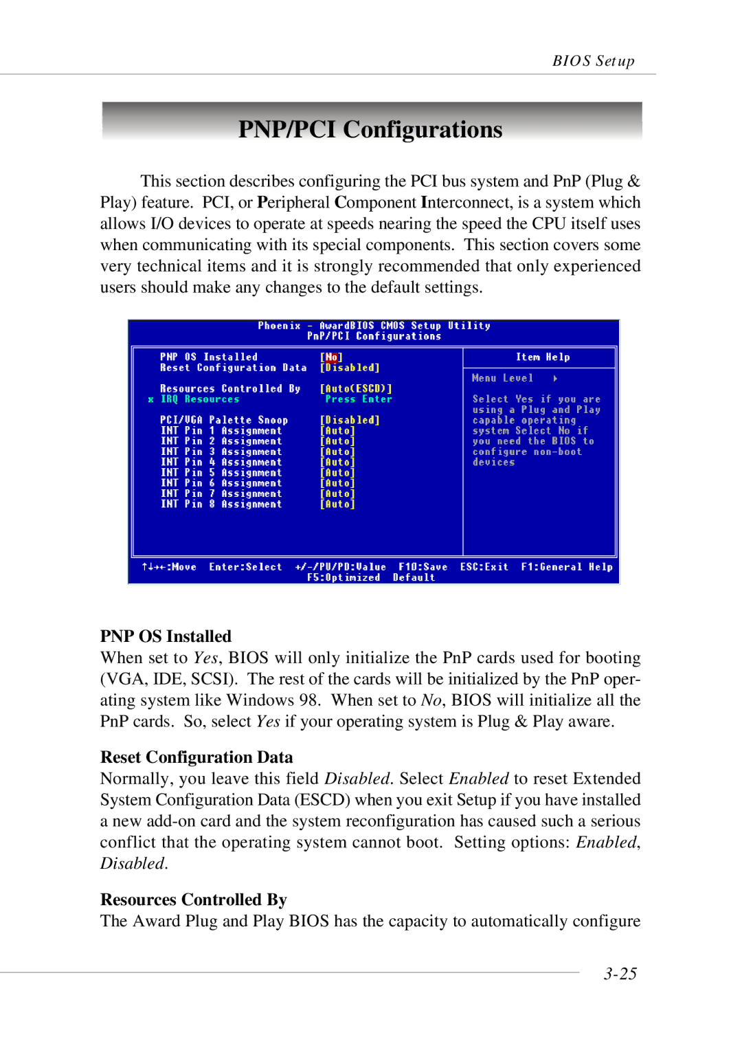 MSI 865GM3 manual PNP/PCI Configurations, PNP OS Installed, Reset Configuration Data, Resources Controlled By 