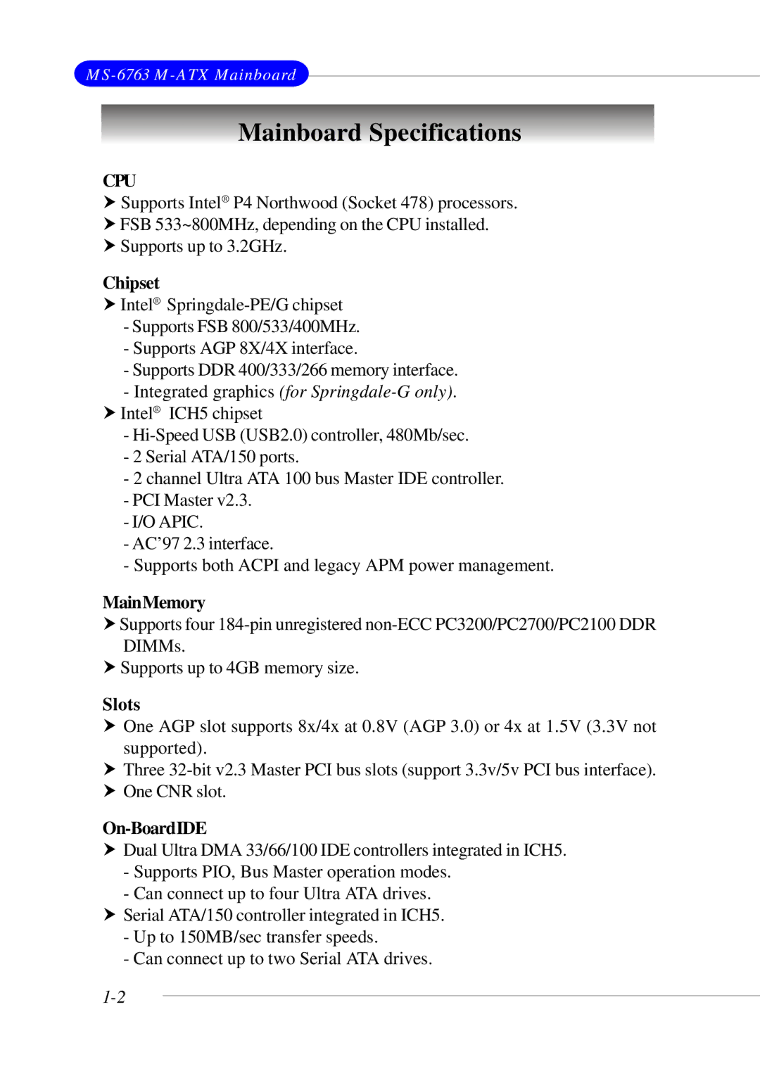 MSI 865GM3 manual Mainboard Specifications, Chipset, MainMemory, Slots, On-BoardIDE 