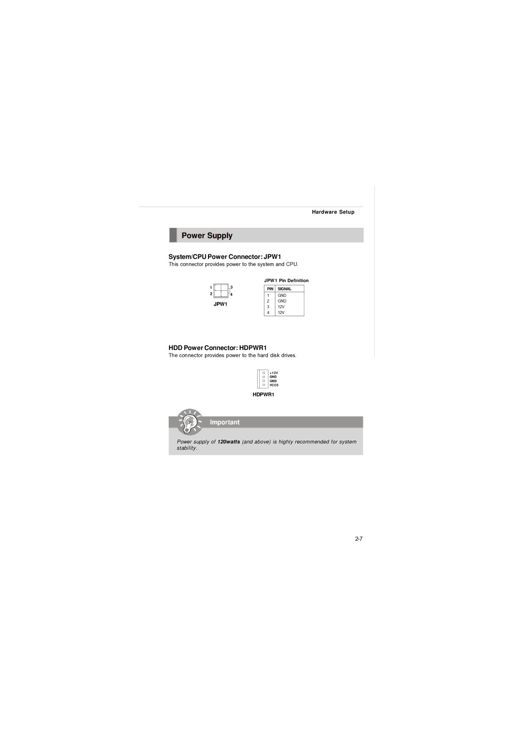 MSI AM-690E manual Power Supply, System/CPU Power Connector JPW1, HDD Power Connector HDPWR1 