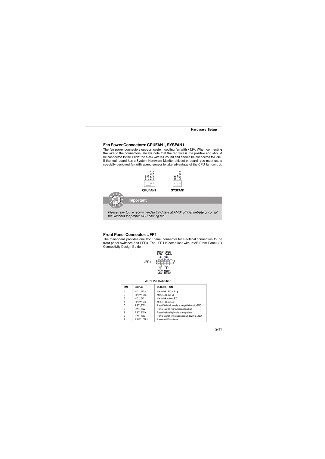 MSI AM-690E manual Fan Power Connectors CPUFAN1, SYSFAN1, Front Panel Connector JFP1 