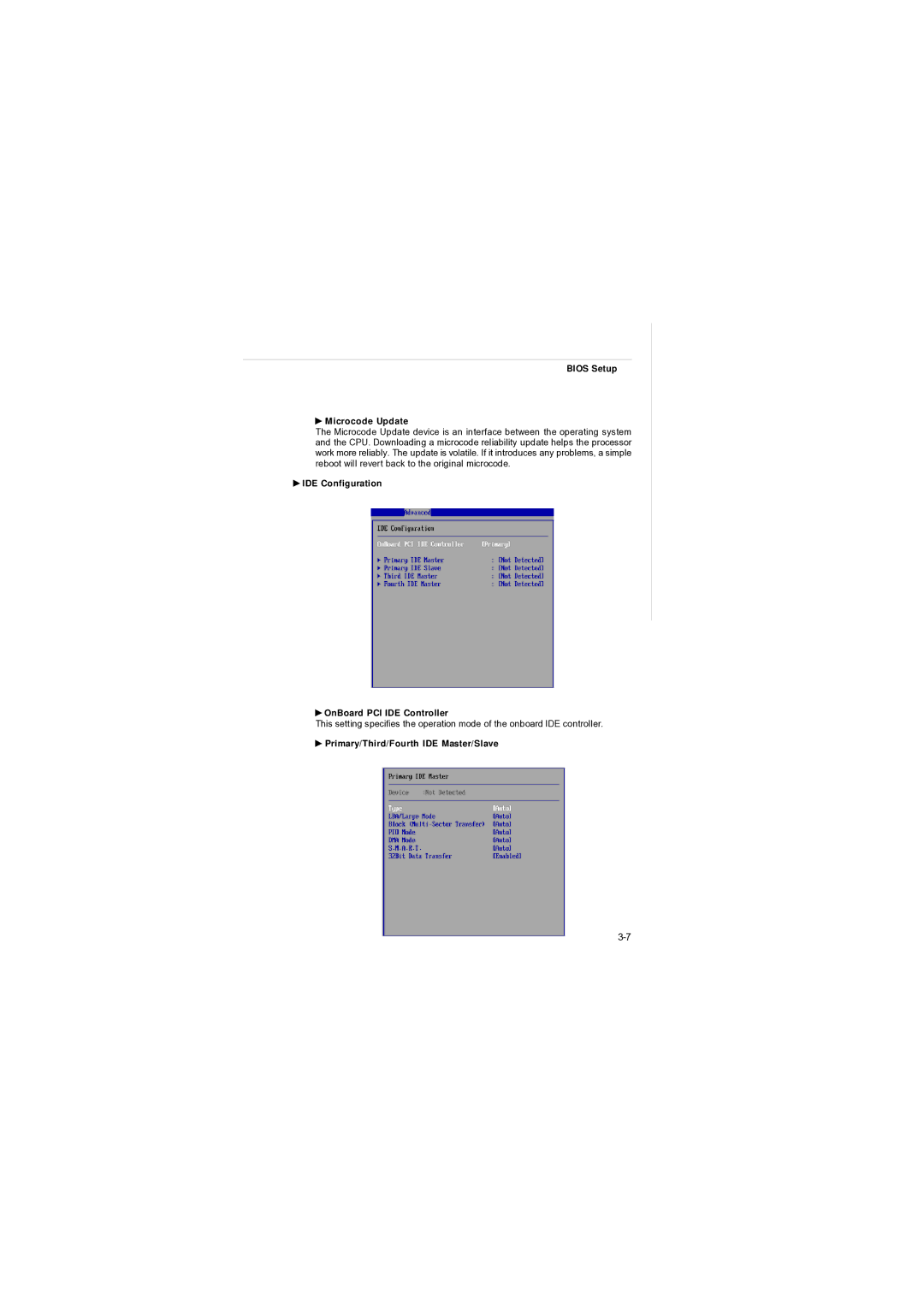 MSI AM-690E manual Bios Setup Microcode Update, IDE Configuration OnBoard PCI IDE Controller 