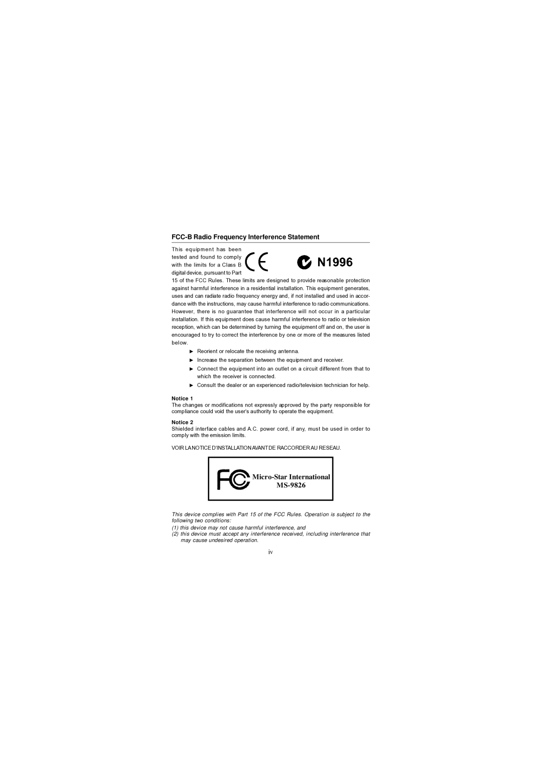 MSI AM-690E manual Micro-Star International MS-9826, FCC-B Radio Frequency Interference Statement 