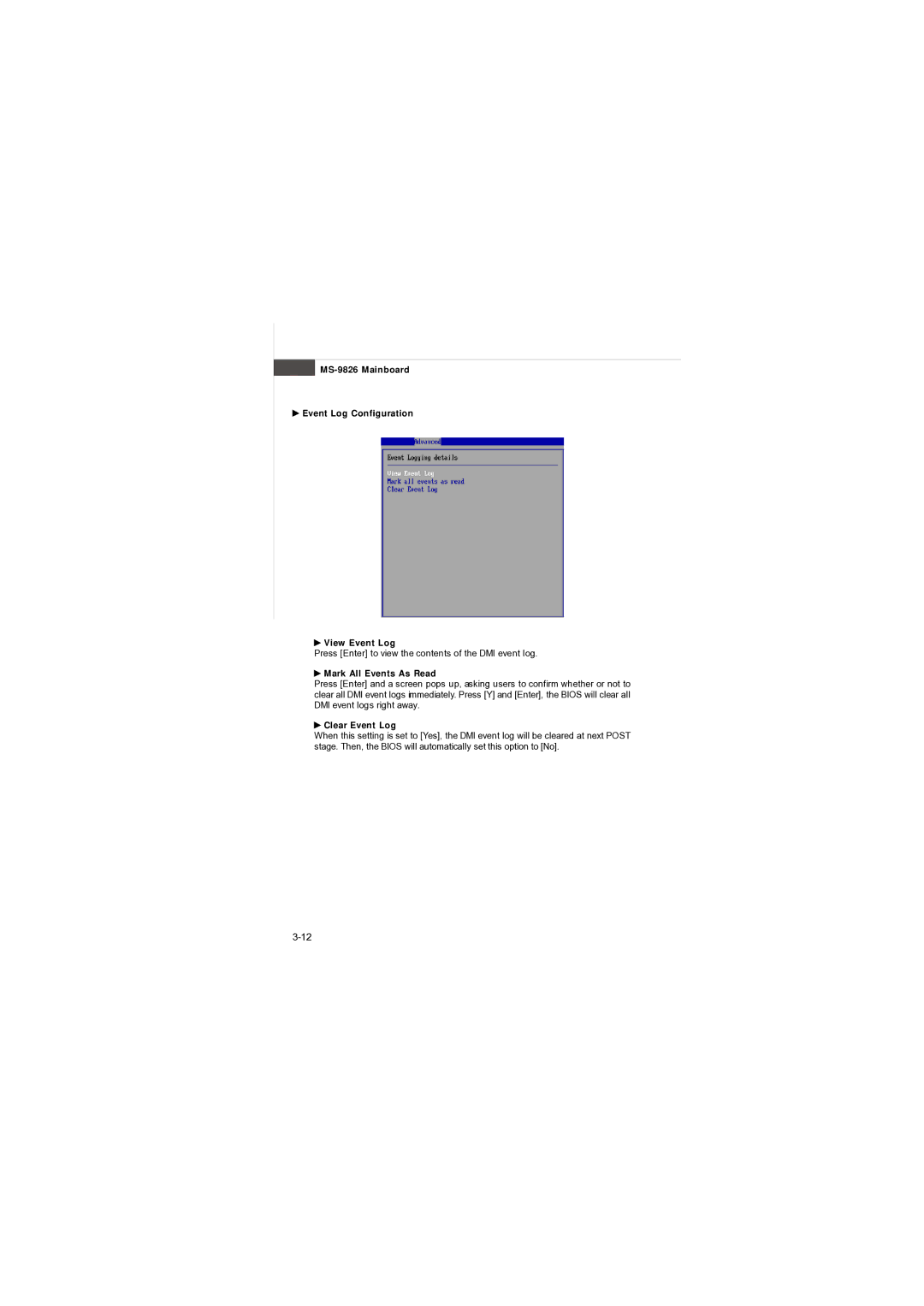 MSI AM-690E manual MS-9826 Mainboard Event Log Configuration View Event Log, Mark All Events As Read, Clear Event Log 