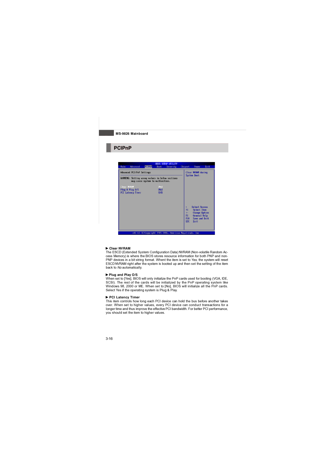 MSI AM-690E manual PCIPnP, Clear Nvram, Plug and Play O/S, PCI Latency Timer 