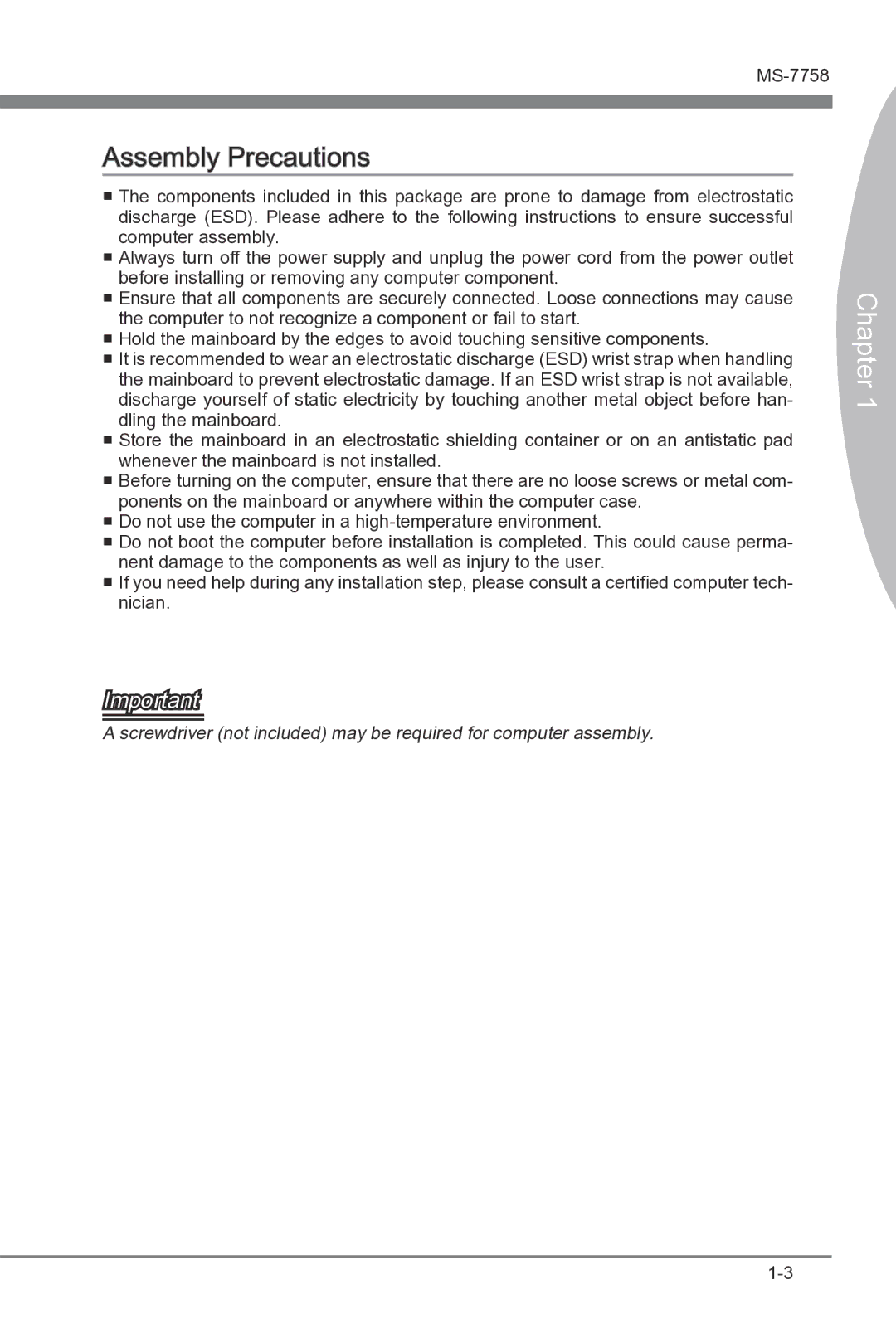 MSI B75A-G43 manual Assembly Precautions, Chapter 