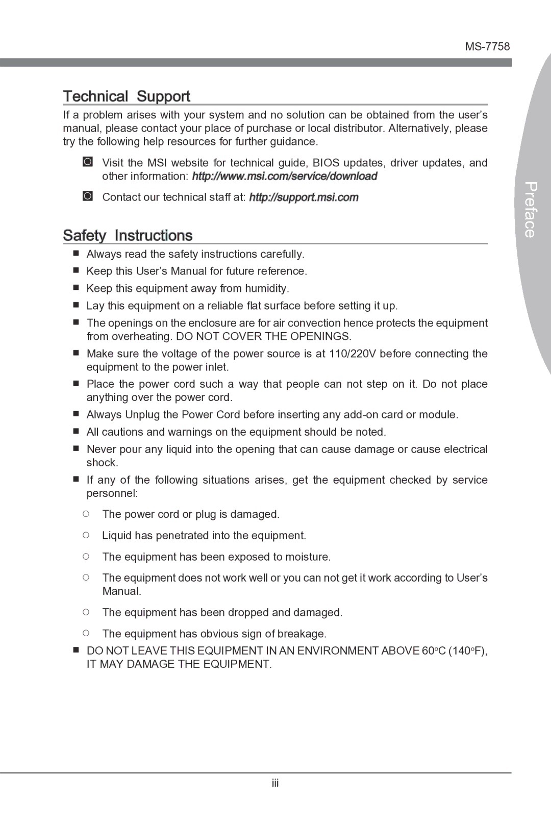 MSI B75A-G43 manual Preface 