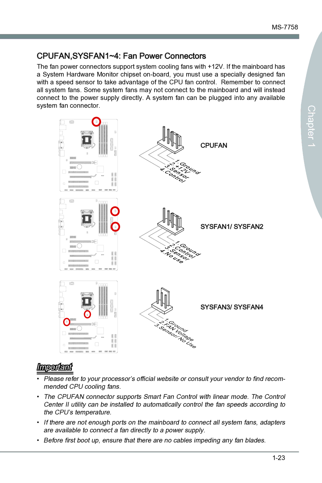 MSI B75A-G43 manual CPUFAN,SYSFAN1~4 Fan Power Connectors 