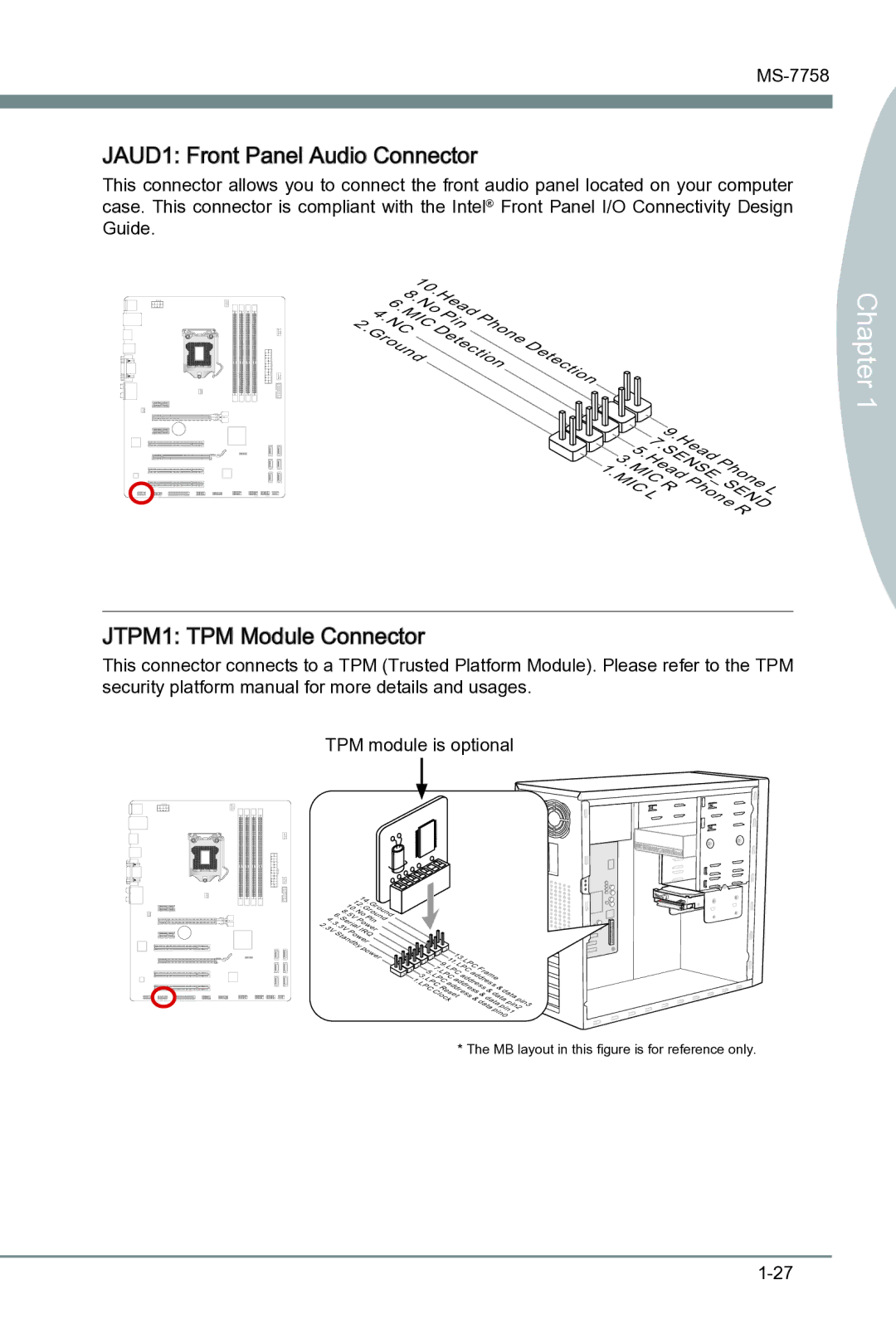 MSI B75A-G43 manual JAUD1 Front Panel Audio Connector, JTPM1 TPM Module Connector 