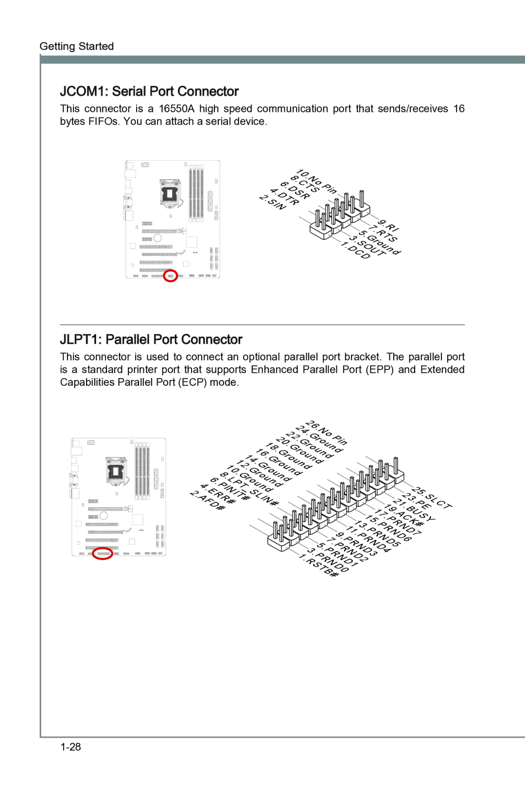 MSI B75A-G43 manual JCOM1 Serial Port Connector, JLPT1 Parallel Port Connector 