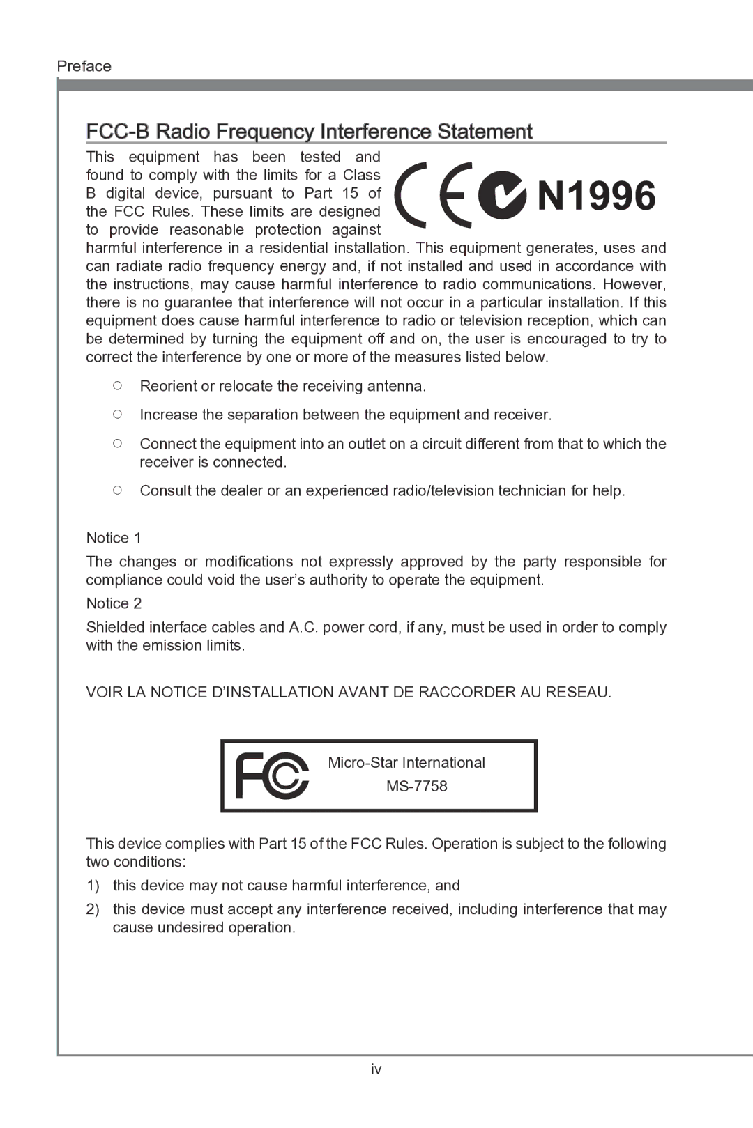 MSI B75A-G43 manual FCC-B Radio Frequency Interference Statement 