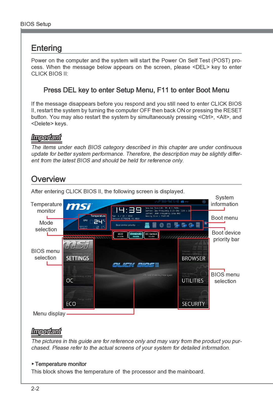 MSI B75A-G43 manual Entering, Overview, Press DEL key to enter Setup Menu, F11 to enter Boot Menu 